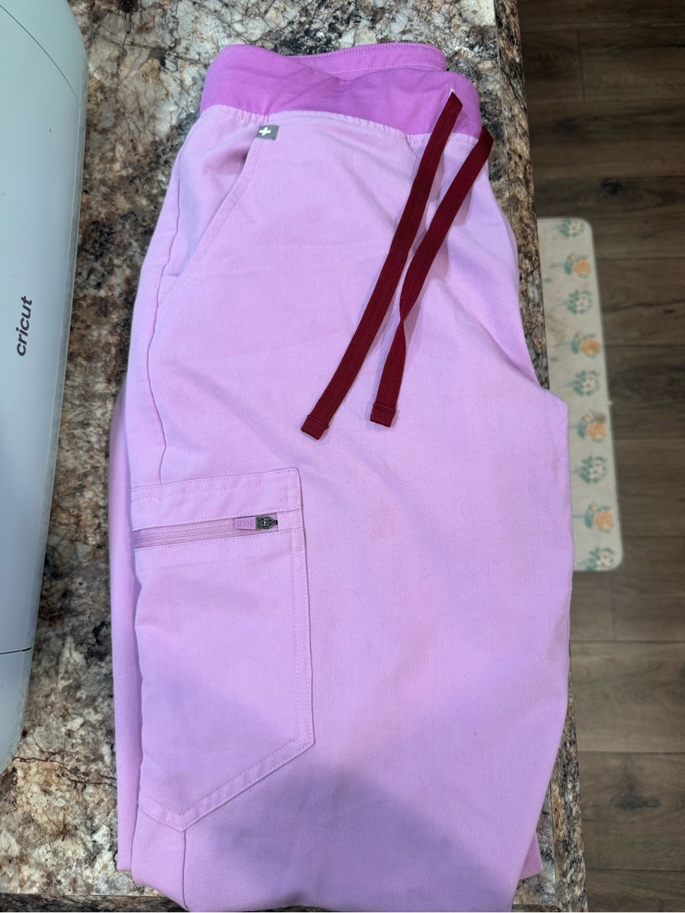 Figs Women's Light Pink Scrub Pants with Burgundy Drawstring